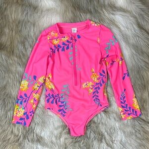 Size 5 Baby Gap Long Sleeve Rash Guard Zip-Up Hot Pink Tropical Swimsuit